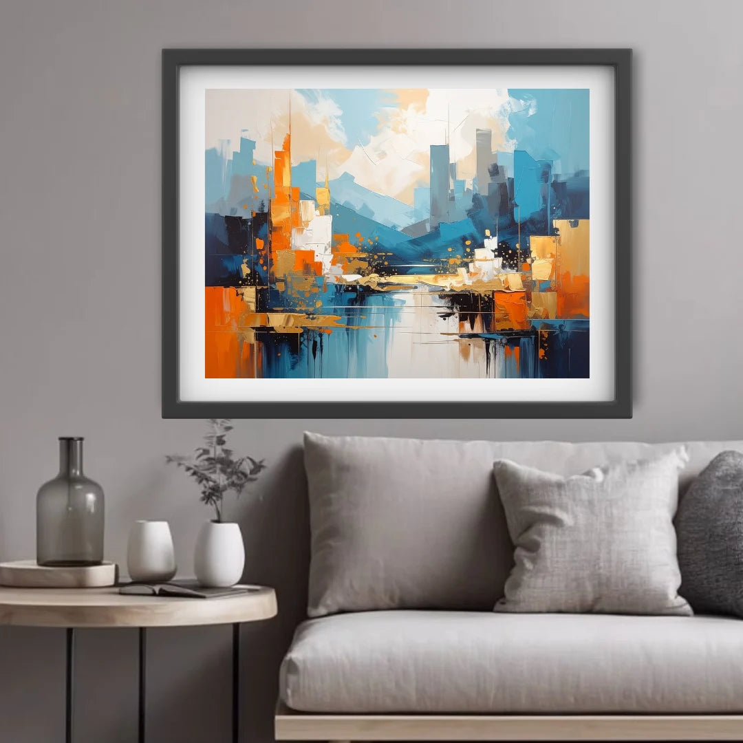 Abstract city canvas art with bold colors for living room