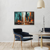 Abstract city wall art with modern skyline colors for living room