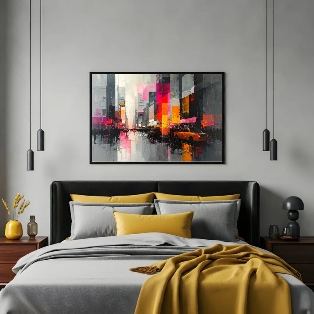 Vibrant cityscape canvas artwork hung in a bedroom with grey walls and modern décor.
