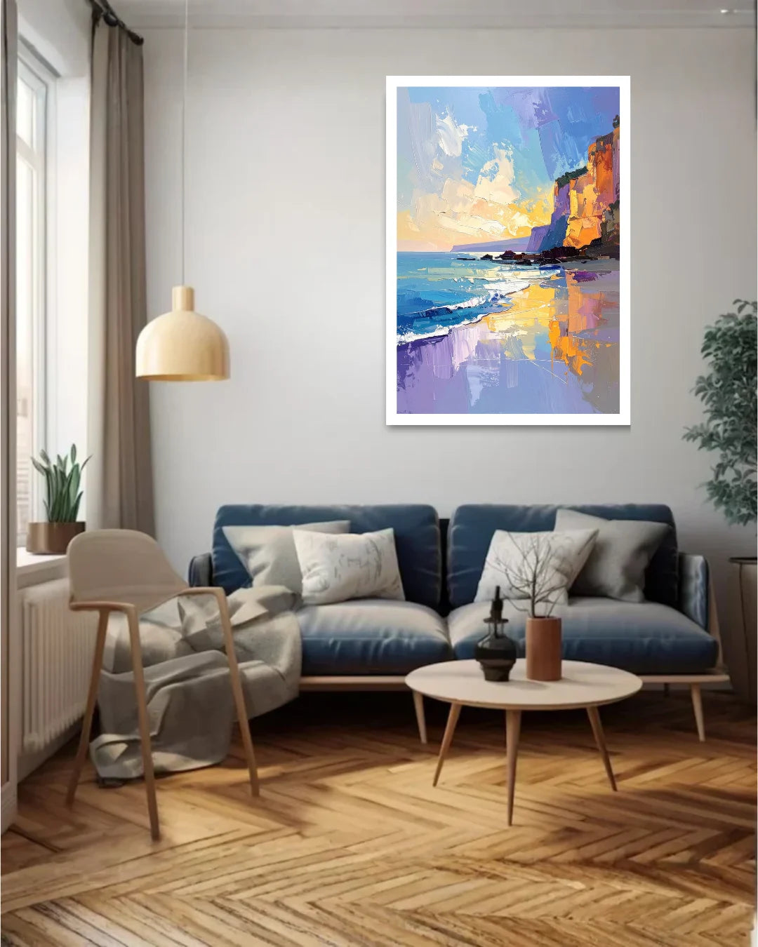 Modern Beach Landscape Canvas Painting for Contemporary Living Room Wall Decor