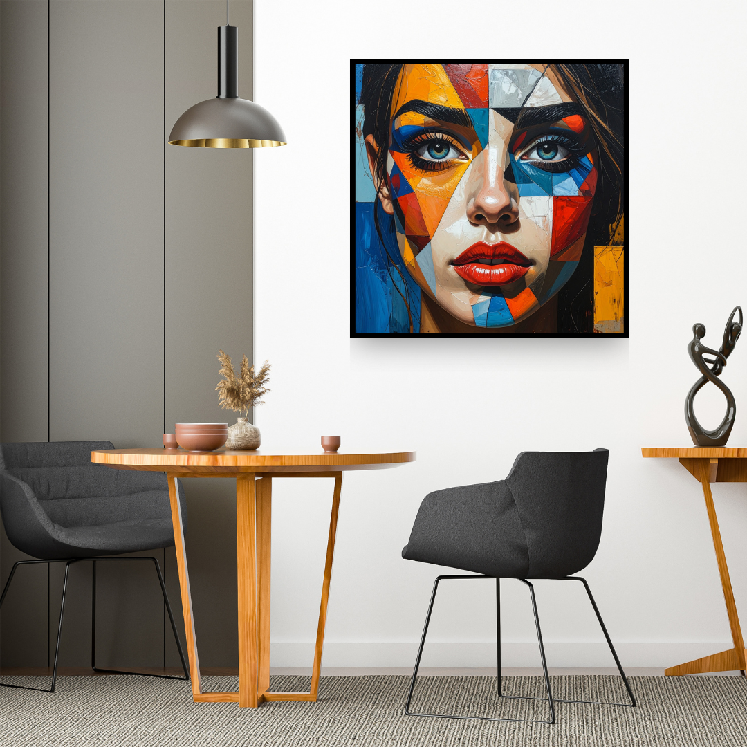Abstract face painting hanging above a wooden desk in a minimalist home workspace.