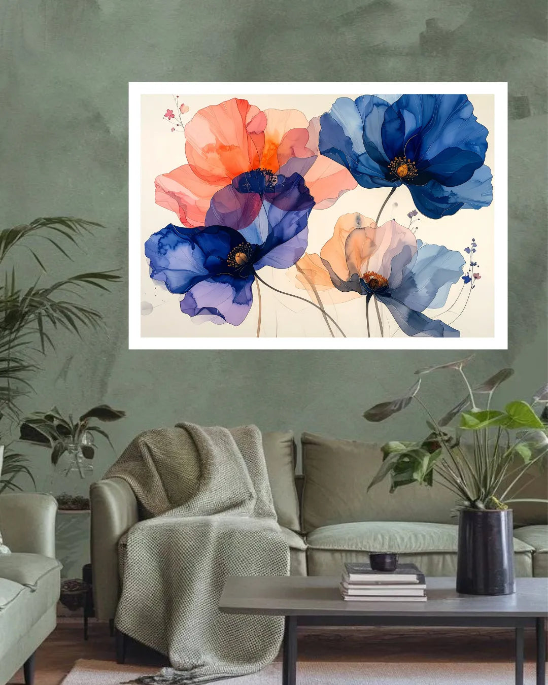 A framed floral wall art print featuring large watercolor-style flowers in blue, coral, purple, and peach on a cream background, displayed above a sofa in a styled living room.