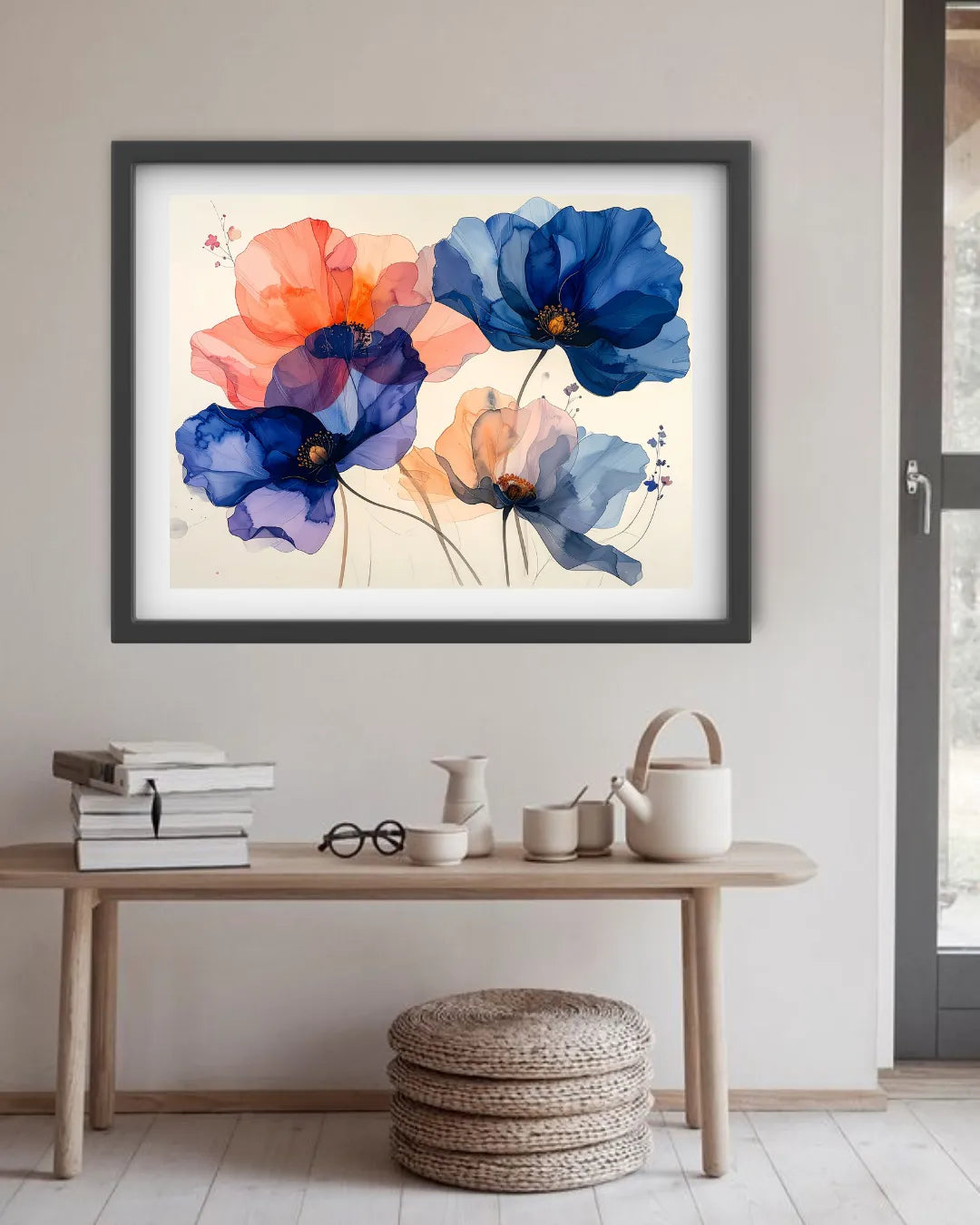 A framed art print depicting a pink flamingo in a tropical pond with lily pads and a reflection, displayed on a white wall above a dining table with four chairs.