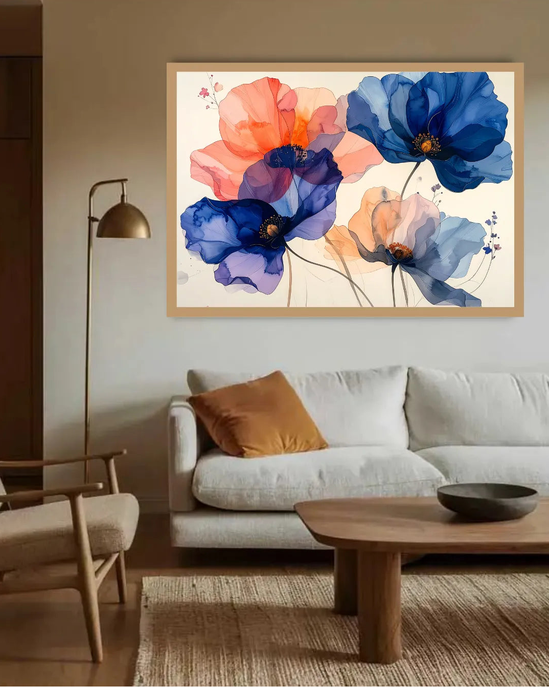 A framed wall art print depicting a pink flamingo standing in a tropical pond with lily pads and trees, displayed above a cream-colored armchair in a styled interior room with a floor lamp and textured wall.