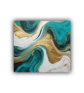 Abstract teal and gold fluid canvas painting framed on a modern interior wall.