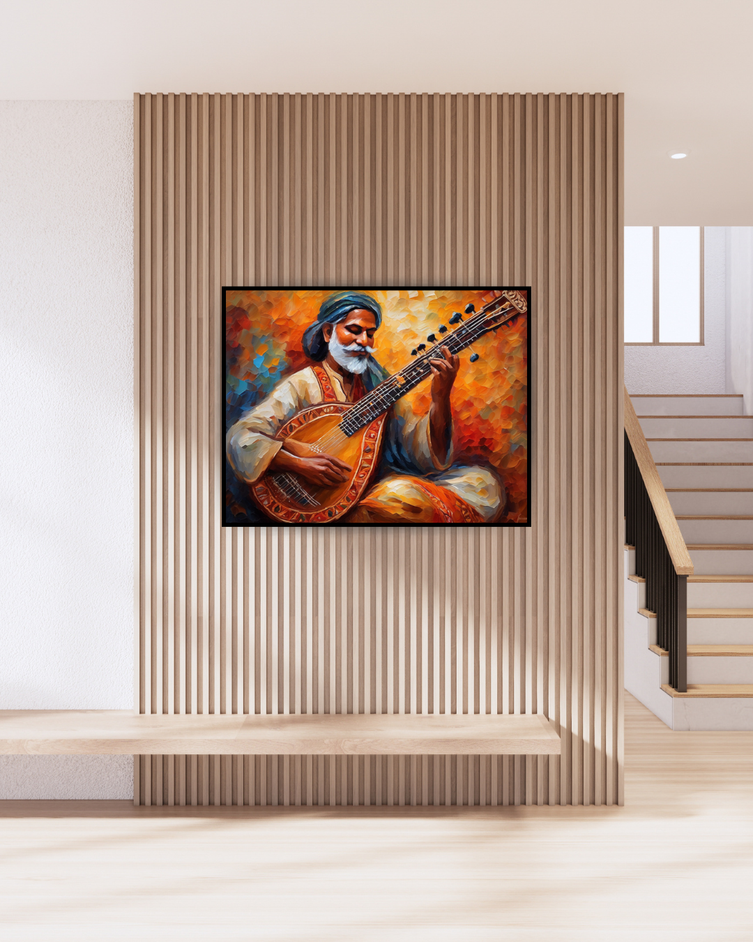 Colorful guitarist canvas artwork hung on a neutral wall with warm interior tones.