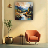 Abstract landscape painting with rich colors and scenic design