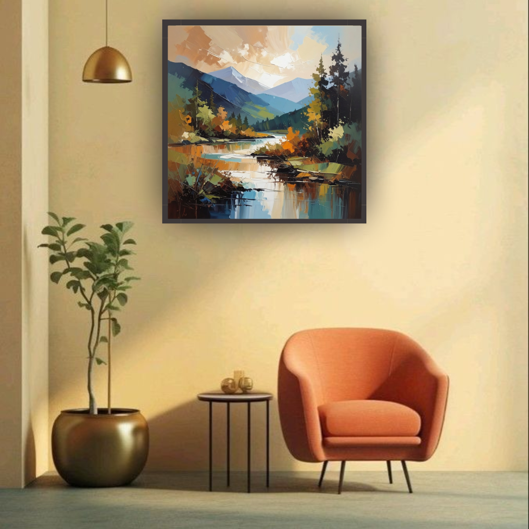Abstract landscape painting with rich colors and scenic design