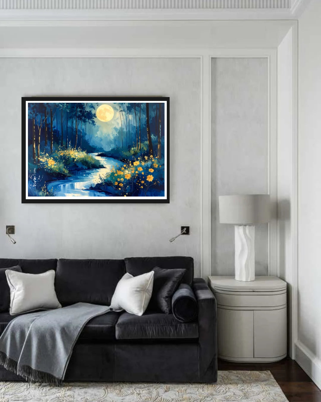 Abstract moonlit forest canvas wall art in a hall  interior