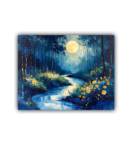 Painting of a moonlit forest with a stream and yellow flowers.