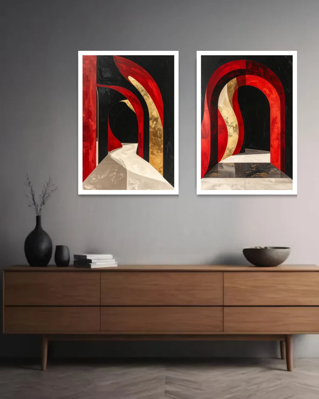 Abstract Red Arch Wall Art Canvas Set for Modern Living Room Decor