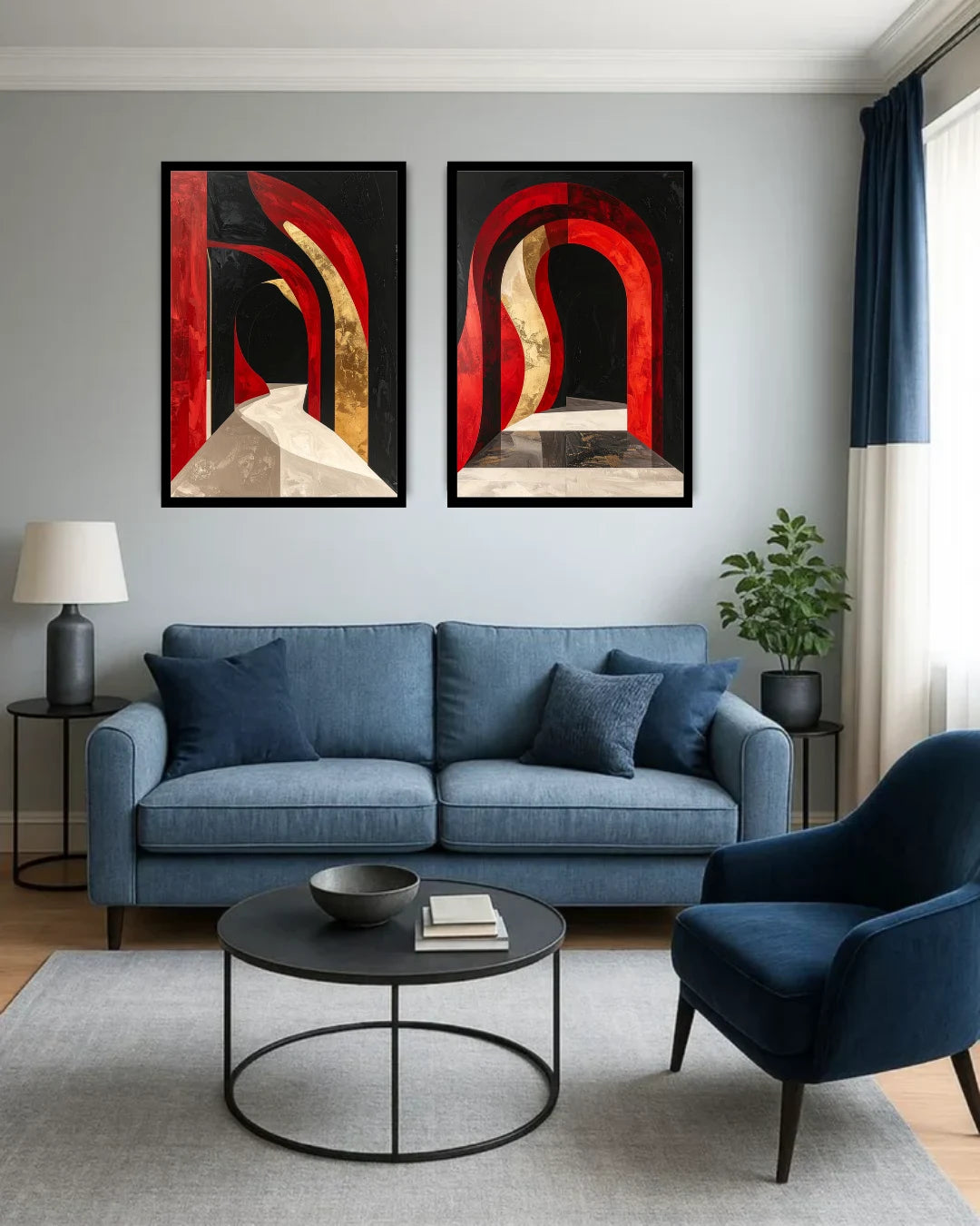 Geometric Red and Black Abstract Canvas Wall Art Diptych for Home Decor