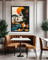 Dining area with a large abstract painting on the wall, brown booth seating, and white table.