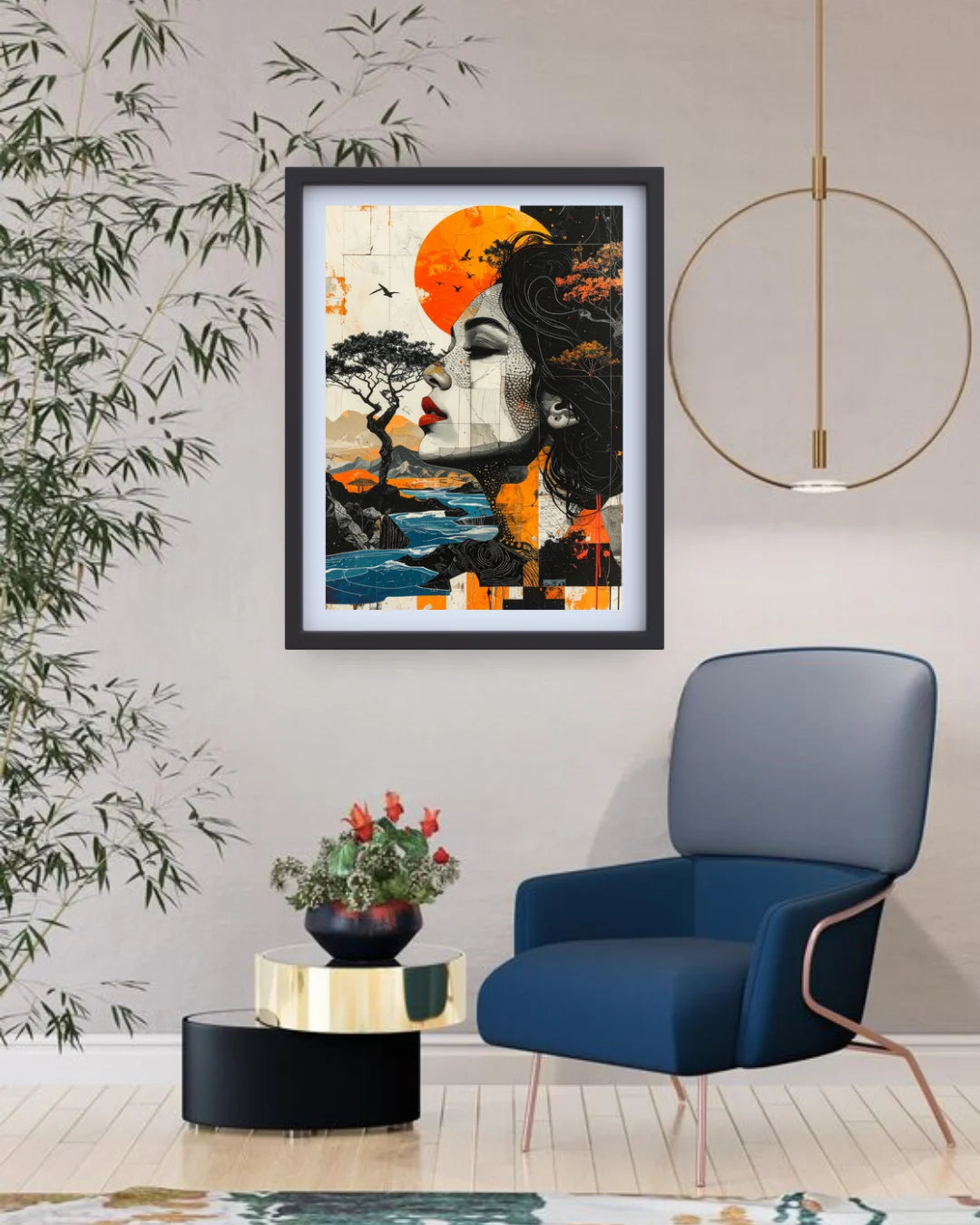 Framed artwork of a vintage camera on books above a chair and cabinet.