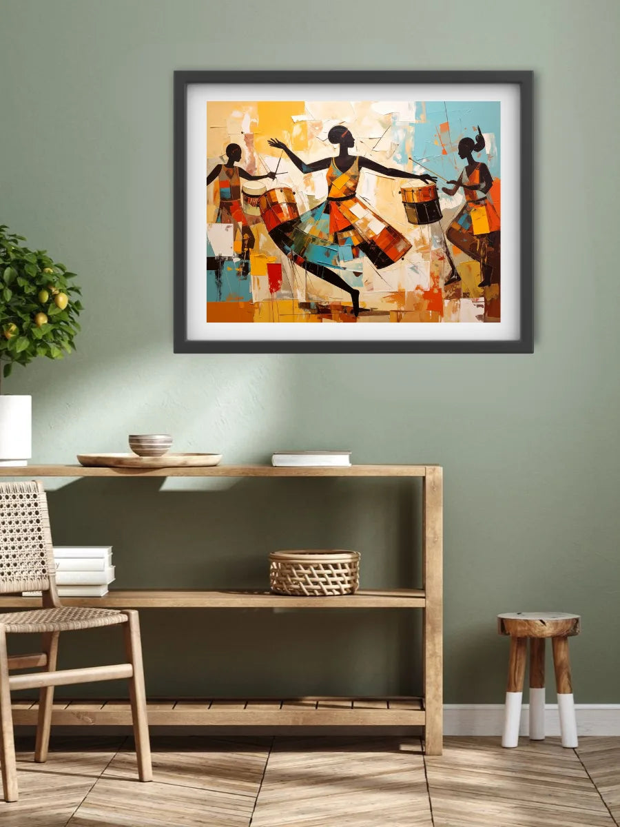 Abstract artwork of three figures on a wall above a wooden console table.