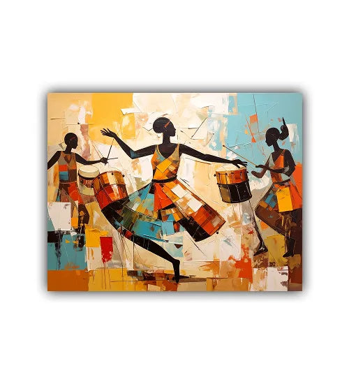 Abstract artwork of three figures playing drums on a colorful background