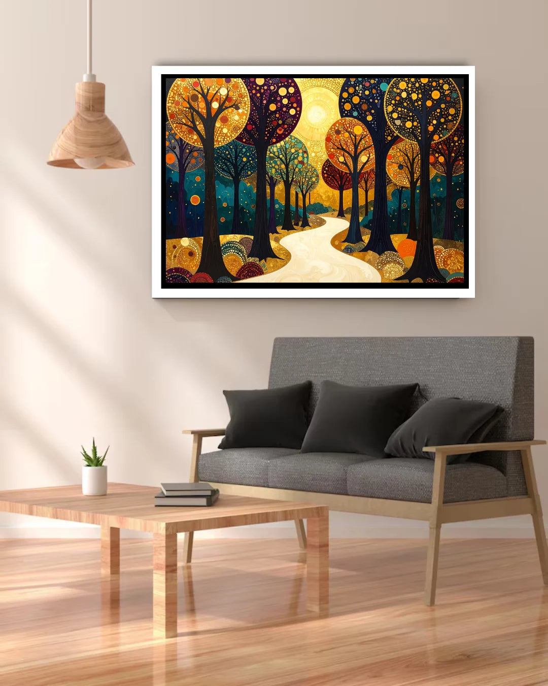 Colorful forest painting above a gray sofa in a living room.