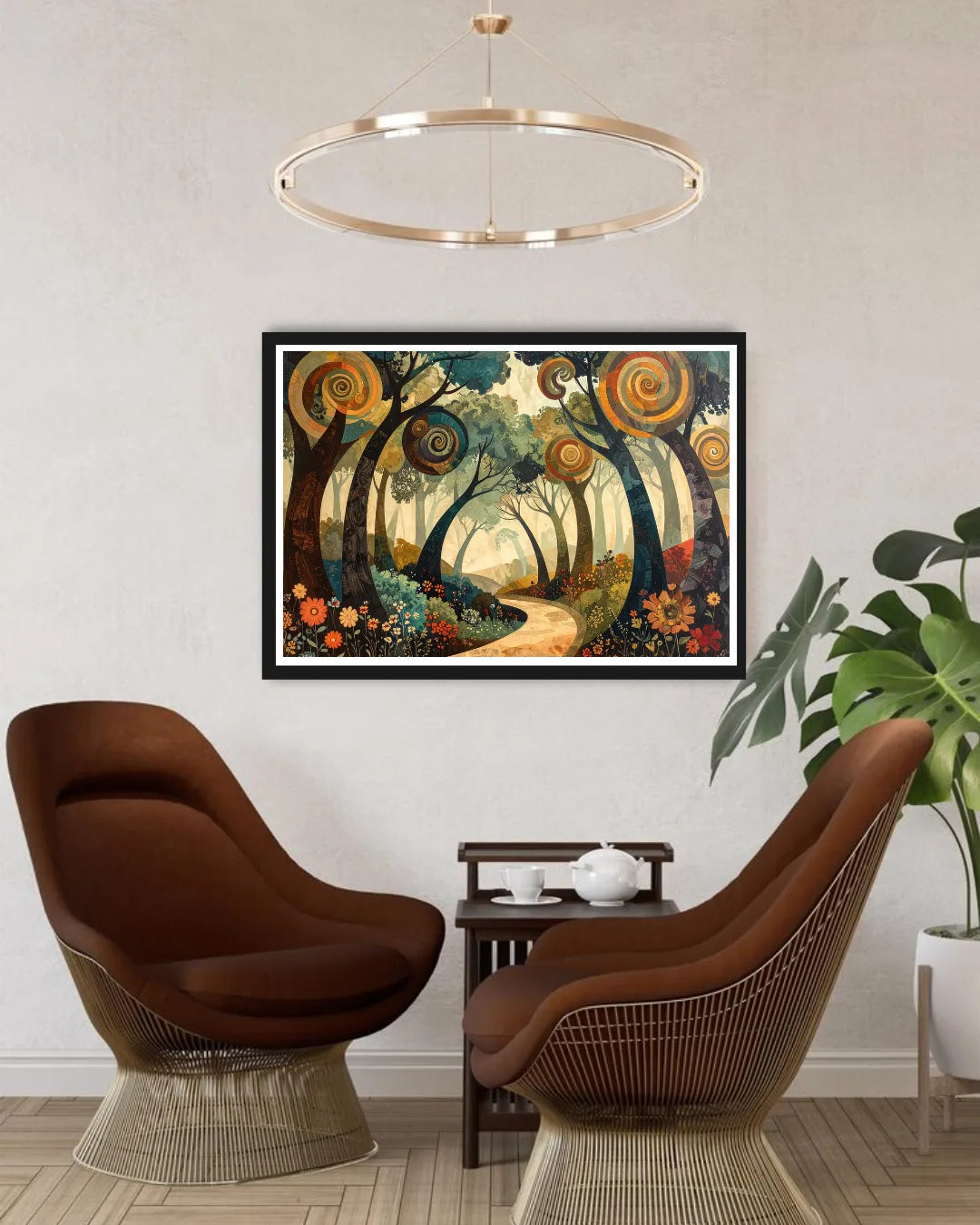 Abstract circular landscape canvas wall art in modern living room