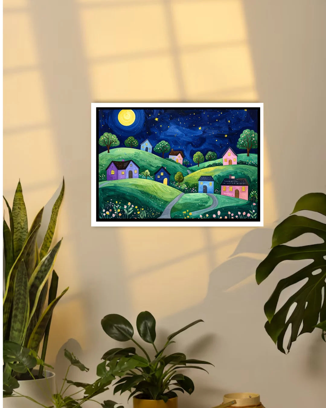 Abstract colorful night village canvas wall art in modern interior