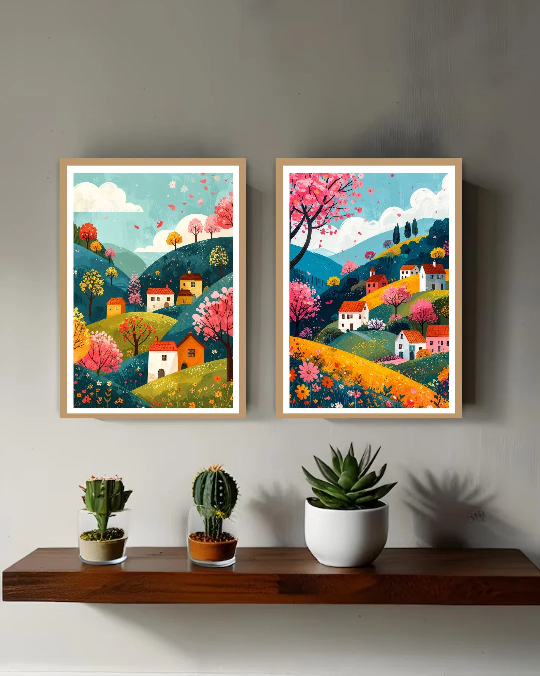 Abstract colorful village landscape canvas wall art set of 2 in modern interior