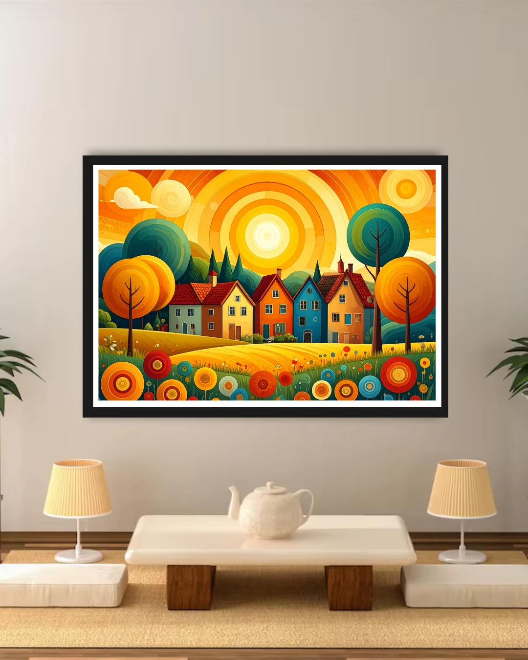 Abstract colorful village sun canvas wall art in modern interior