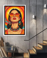 Abstract female portrait canvas wall art in bedroom interior