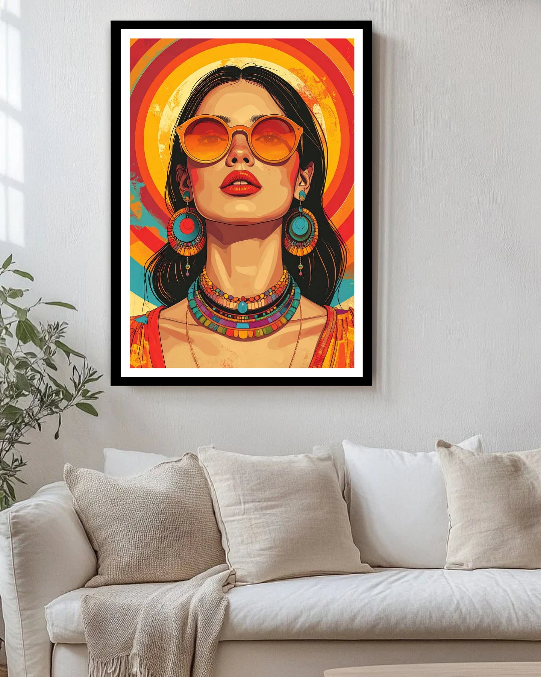 Abstract figurative female portrait canvas wall art in modern living room