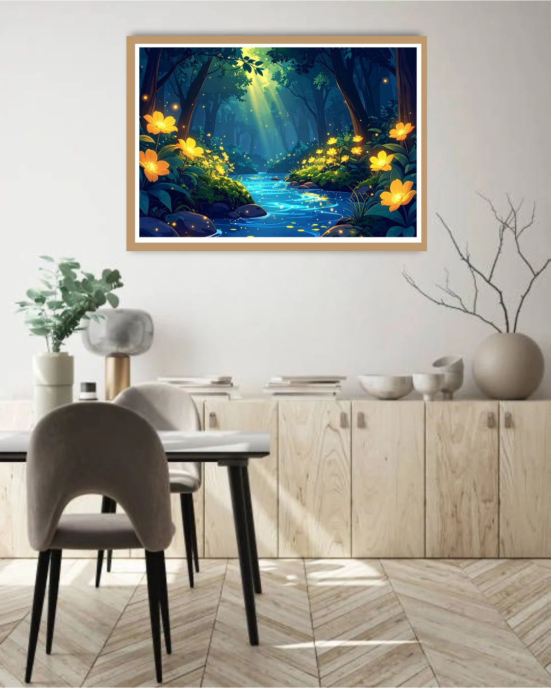 Abstract forest glow stream canvas wall art in dining room