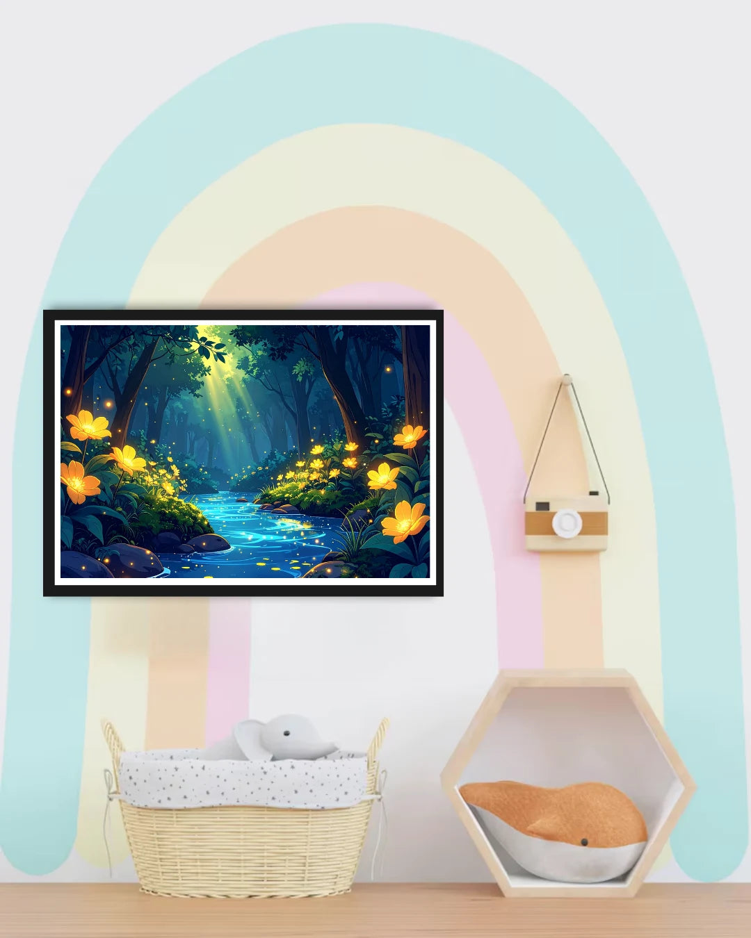 Abstract forest glow stream canvas wall art in kids room