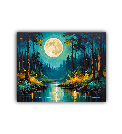 Colorful abstract moonlit forest lake canvas wall art
