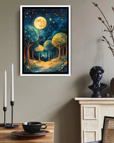 Abstract forest river canvas wall art in bedroom interior