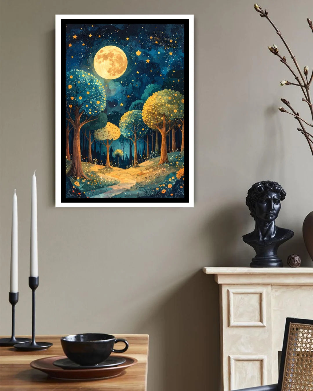 Abstract forest river canvas wall art in bedroom interior