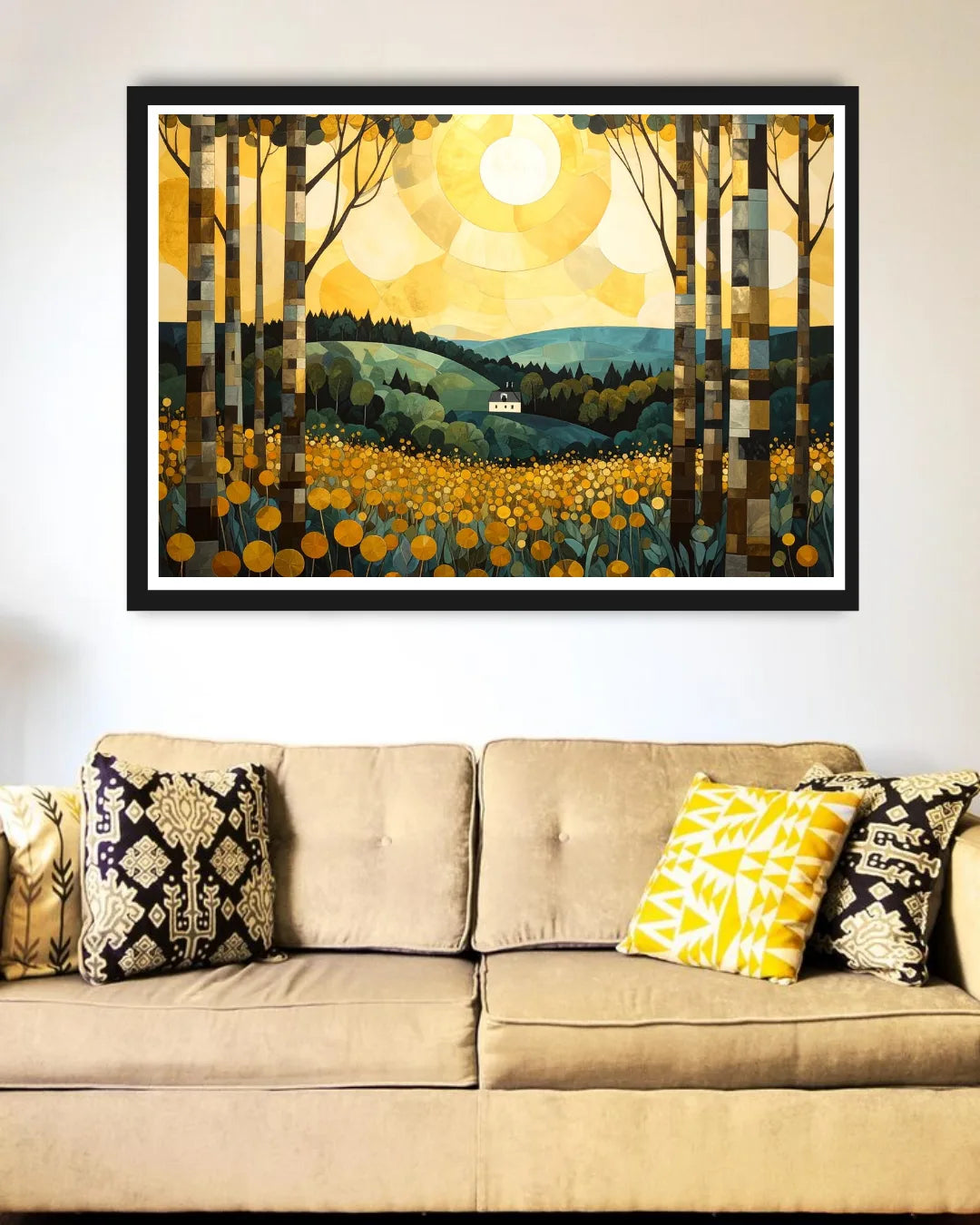 Abstract golden forest landscape canvas wall art in modern interior