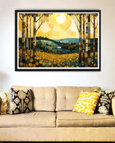 Abstract golden forest landscape canvas wall art in modern interior