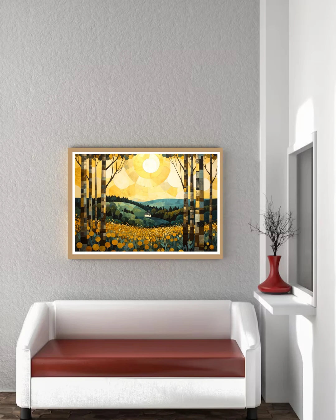 Abstract golden forest landscape canvas wall art in bedroom interior