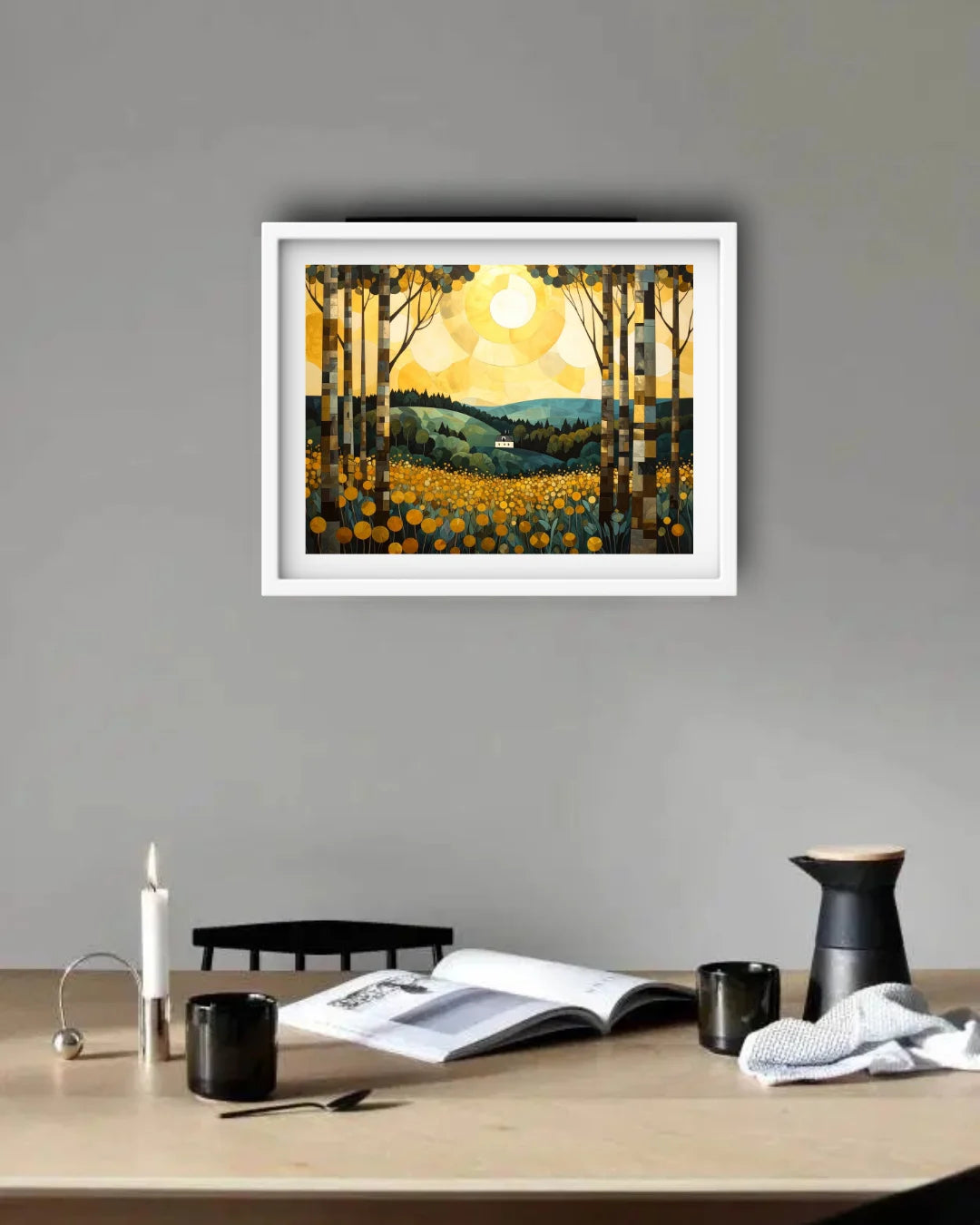 Abstract golden forest canvas wall art in contemporary space