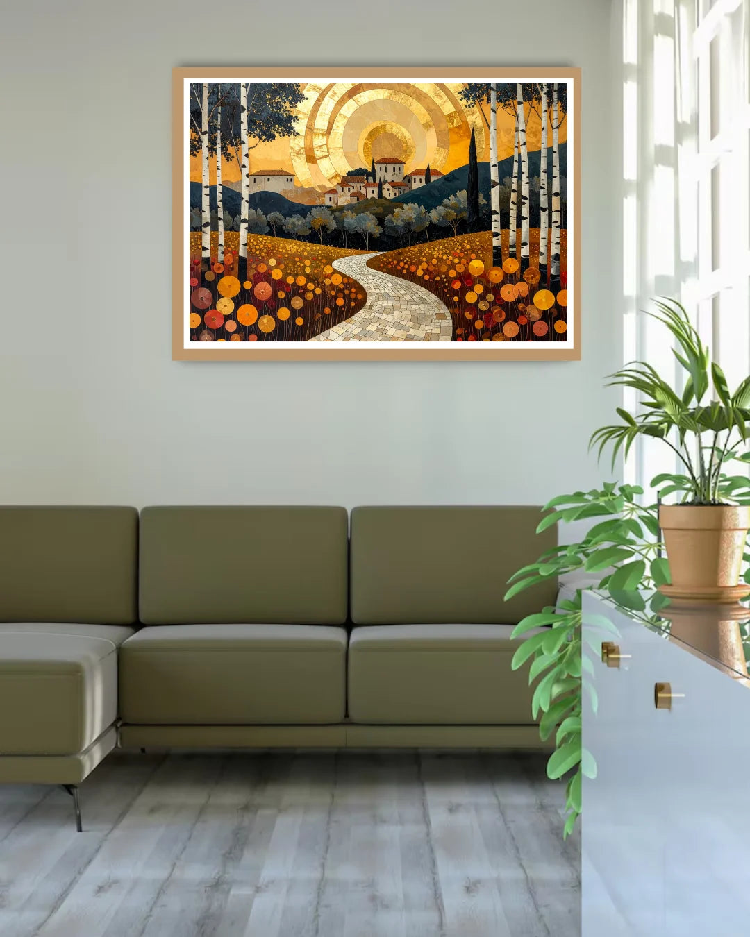 Abstract golden landscape canvas wall art in modern interior