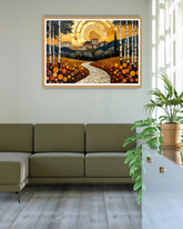 Abstract golden landscape canvas wall art in modern interior