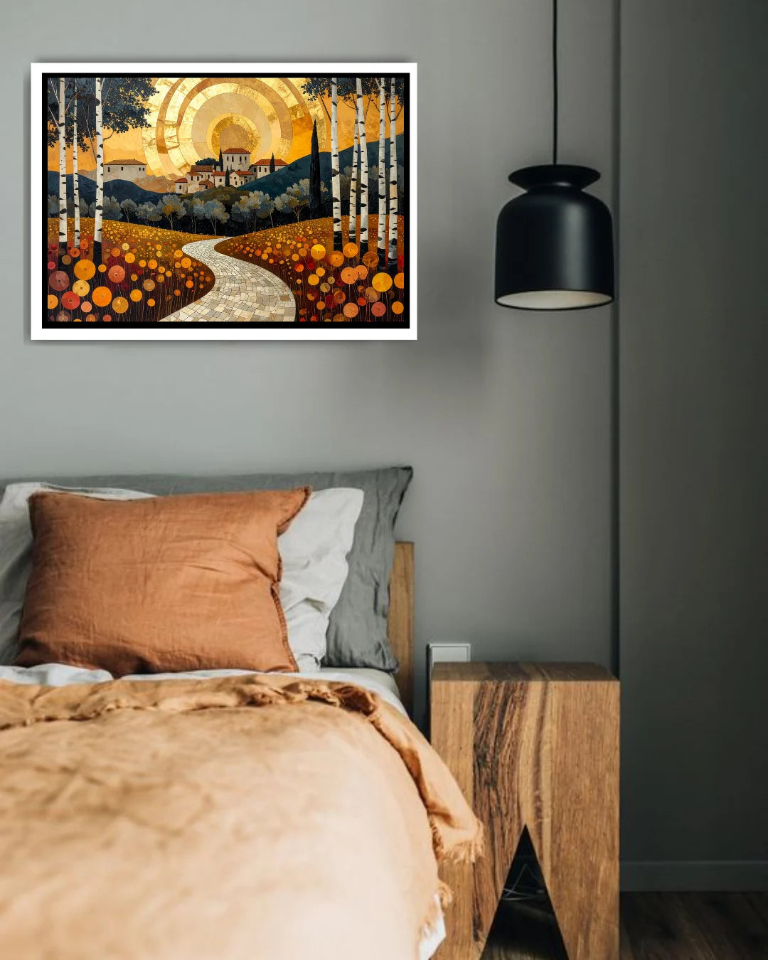 Abstract golden landscape canvas wall art in living room