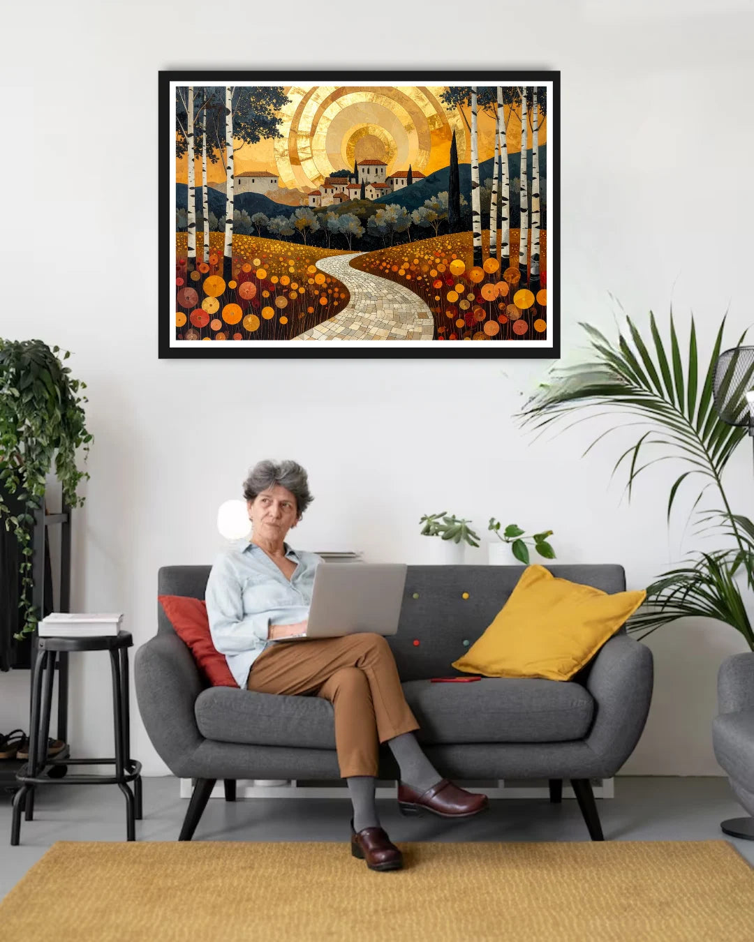 Abstract golden landscape canvas wall art in bedroom interior