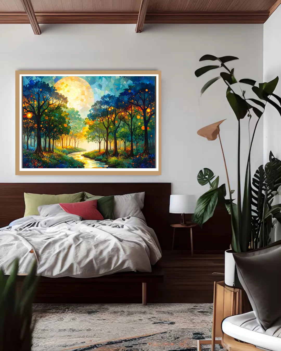 Abstract golden moon forest canvas wall art in bedroom interior