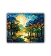 Colorful forest scene with a path and trees under a large moon.