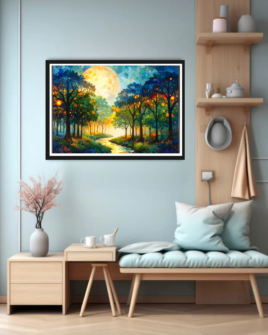 Abstract golden moon forest path canvas wall art in modern interior