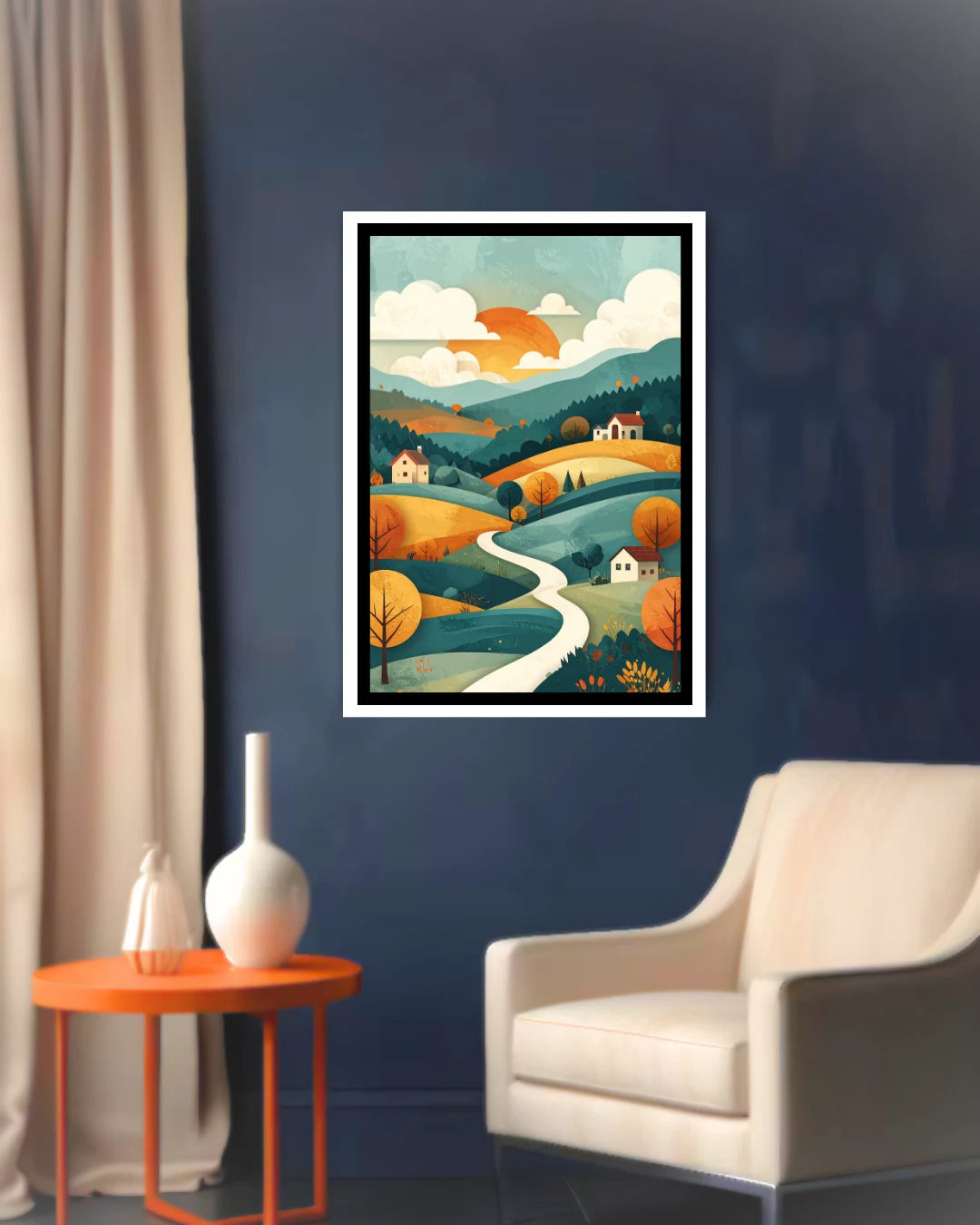Abstract hills river canvas wall art in modern room