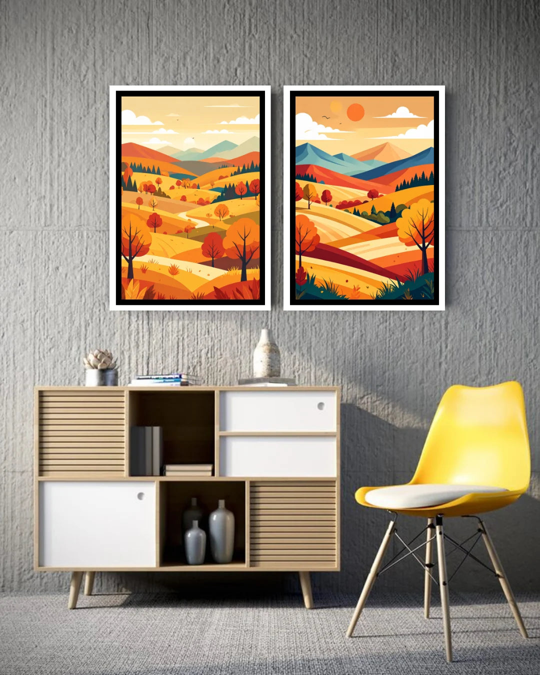 Abstract layered hills landscape canvas wall art set of two