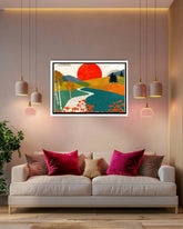 Abstract minimal landscape sun canvas wall art in modern interior