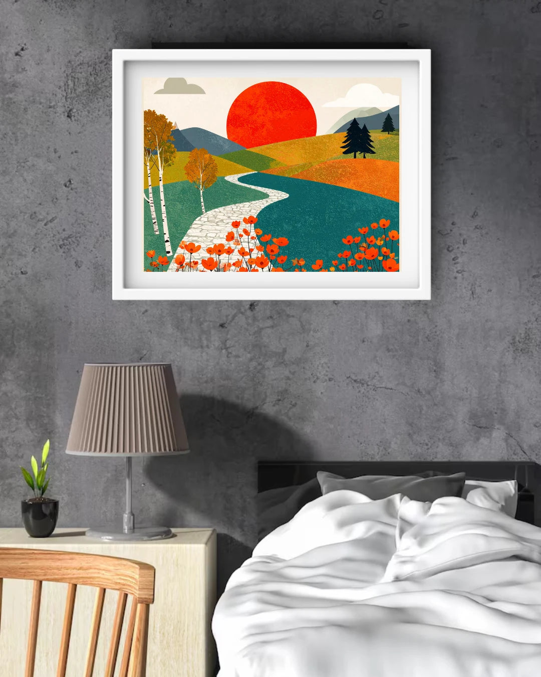 Abstract minimal landscape canvas wall art in bedroom