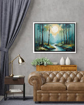Abstract misty forest river canvas wall art in modern interior