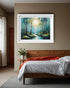 Abstract forest river canvas wall art in bedroom interior
