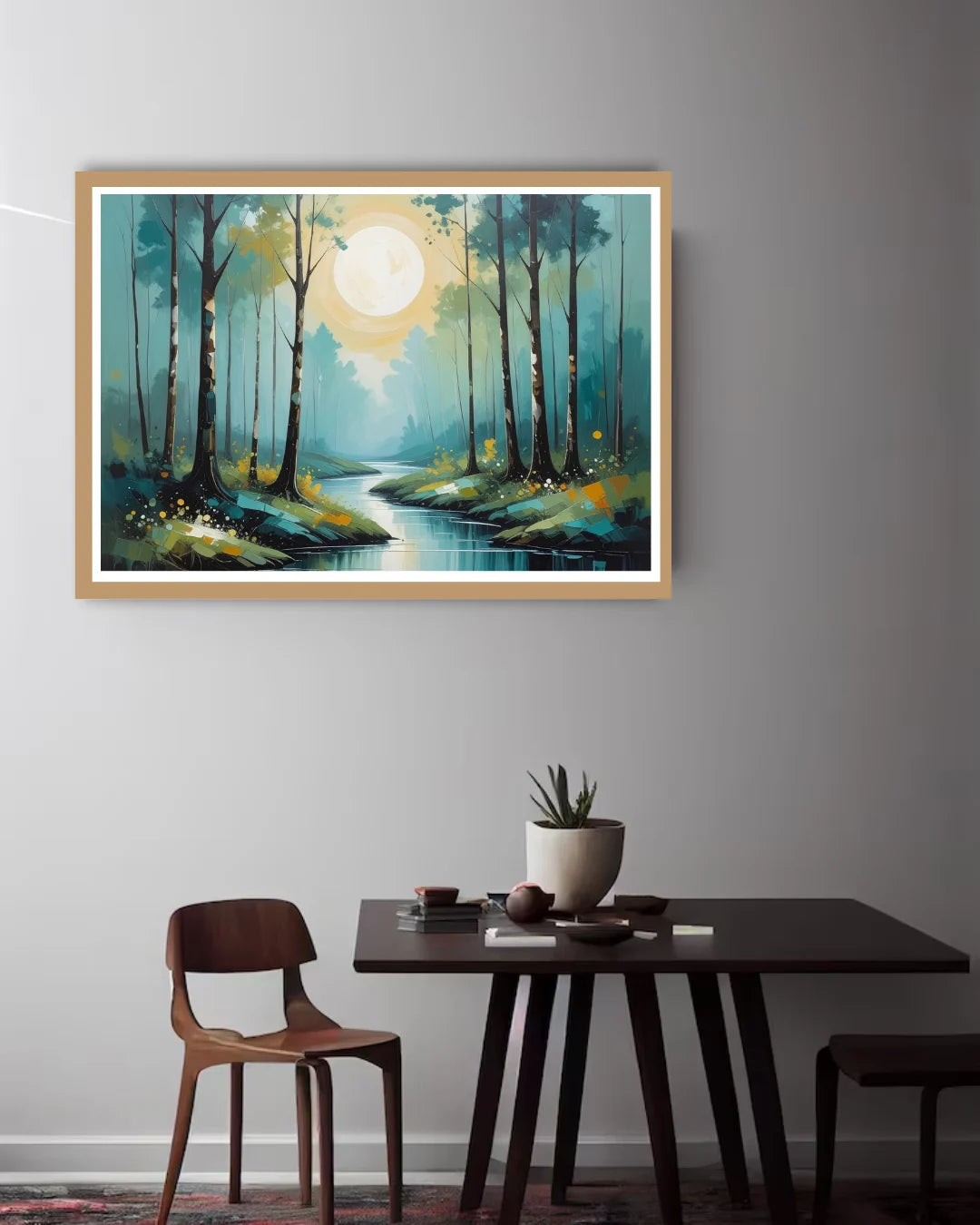 Abstract misty forest canvas wall art in contemporary space